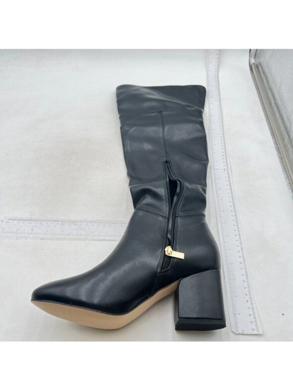 Black Women Almond Toe Block HeelKnee High Boots Side Zip Up Western Long Boots